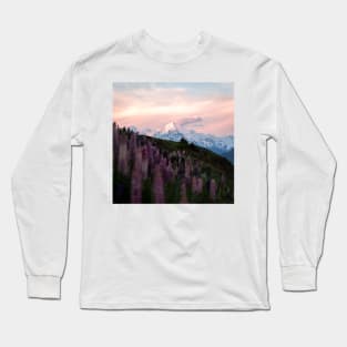 Mountain Mt. Cook with Purple Lupin Flowers During Sunset Long Sleeve T-Shirt